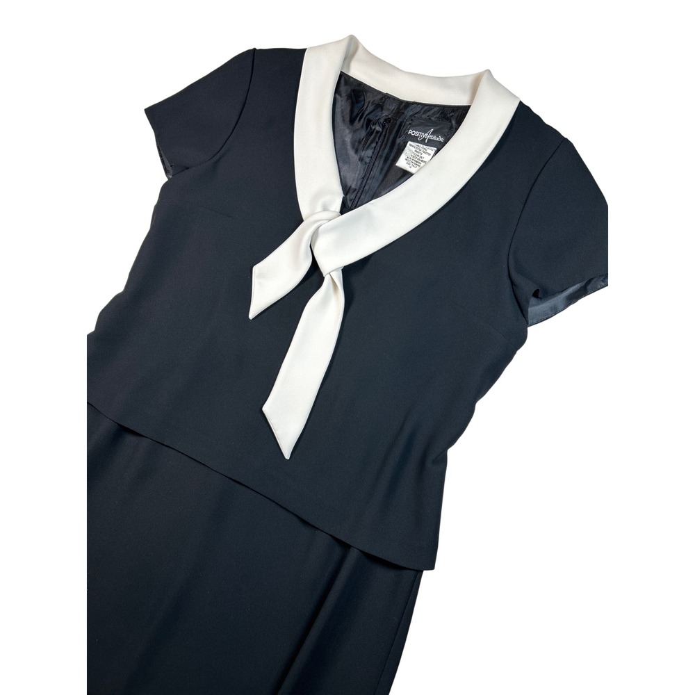 Vintage Black White Tie Front Peplum Midi Dress Size 14 Short Sleeve